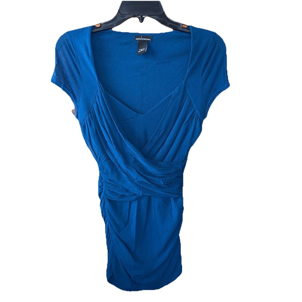 Moda International Navy Blue Y2K Mesh Faux Wrap Top Fairy Cap Sleeve Medium